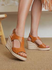 Styleloop Women's Platform Wedge Sandals, Hollow-Out Open Toe High Heel Shoes, Thick Sole Vacation Outdoor Sandals - Brown - View 2