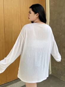 Dazy Plus Semi-Opened Collar Loose Fit Long Sleeve White Vacation T-Shirt, Spring/Summer/Autumn Women Clothing Summer Outfits