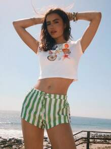 Easelle 2025新款夏季女式波西米亚风格度假绿色条纹编织细节双面纽扣休闲短裤 - 彩色 - 查看 9