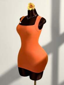 Amplova Women's Orange Knitted Mini Dress: Sleeveless, Square Neck, Backless, And Semi-Sheer Bodycon Dress For A Stylish Look