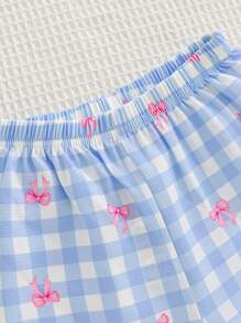 Set de 2 piezas de chica joven con estampado de cuadros, cárdigan de manga corta con moño y pantalones, conjunto de ropa para el hogar - Multicolor - Ver 6