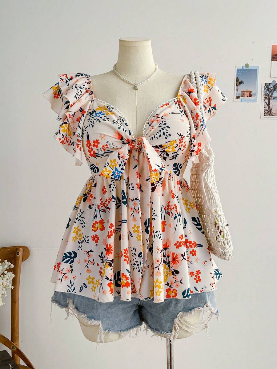 Soleia Bluzka damska na festiwal muzyczny w dużym rozmiarze, z kolorowym nadrukiem, z krótkim rękawem, wiązaniem z przodu i kokardą, dekoltem w kształcie serca i linią A - Wielokolorowe - Zobacz 1