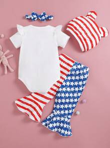 SHEIN 4pcs/Set Baby Girl 0-3Y Casual Cute Knitted Outfit, Includes Patriotic Bodysuit, Flared Pants, Bear Hat And Bow Headband, For My First Independence Day, Fourth Of July/4th Of July - Multicolor - View 2