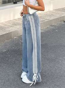 SHEIN 少女 Y2K 时尚条纹蝴蝶结宽松复古休闲斜口袋直筒牛仔裤，春夏假期 - 淺色水洗藍 - 查看 4