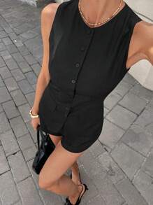 Siren Gaze 2pcs/Set Sleeveless Vest & Super Short Shorts Set For Women, Commuting, Spring/Summer Women Sets Outfit Women Work Outfits Black - Black - View 5