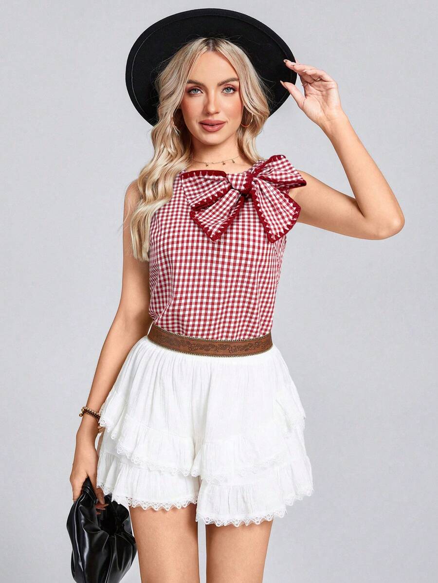 Wildy BOHO Women's Casual Lace-Up Plaid Sleeveless Shirt - Red - View 1
