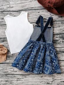 SHEIN Young Girl 2pcs Sets: Fashionable Casual Round Neck Camisole & Floral Print Suspender Dress, Playful And Cute For Outdoor Activities, Daily Wear, Farmhouse Life - Blue - View 3