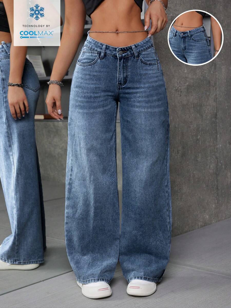 SHEIN ICON 女式宽松V领低腰口袋阔腿牛仔裤