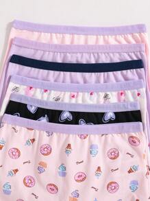 SHEIN 6 piezas de bragas de algodón con estampados lindos de moños, donas, corazones y cerezas para niñas