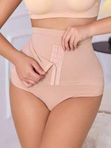 SHEIN Women Solid Tummy Control Body Shaper Seamless High Waist Cincher Shapewear Bottom With Hook-And-Eye Closure And Thong Design - Apricot - View 6