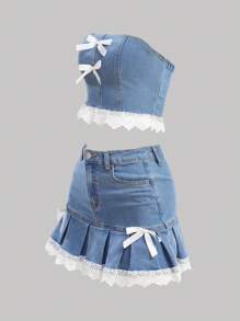 SHEIN Teen Girls' Spring Summer Y2K Casual Versatile Light Washed 2 Pcs Low Waist Denim Mini Skirt And Crop Top With Trim And Bowknot Detailed,Girls Summer Beach Boho Vacation Two Pieces Outfits,Summer Brunch Graduation Outfits,Summer Rave Concert Festival Streetwear Outfits - Light Wash - View 6