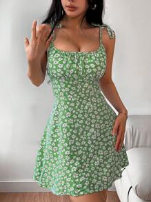Breezaya 花卉印花肩带中长连衣裙，女士波西米亚风露背，结饰，褶皱胸部无袖细肩带常规款式短款黑色碎花吊带女式短裙，春夏，休闲日常穿着迷你短款女装 - 綠色 - 查看 3