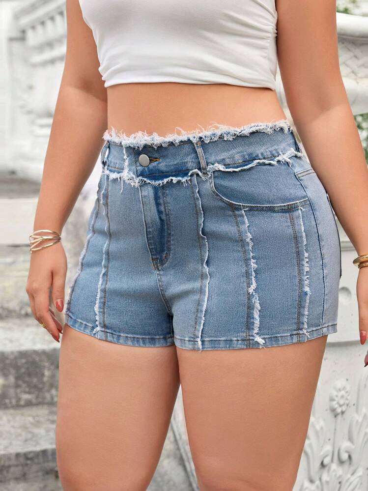SHEIN Essnce Plus Size Damskie Casualowe Szorty Jeansowe, Modne Na Lato - Niebieski - Zobacz 4