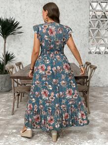 SHEIN LUNE Plus Size Paisley Print Long Vacation Casual Dress Boho Summer Boho Old Money Summer Outfits For Women Spring Break Rave Outfits Festival Spring Break Outfits Mother's Day Church Outfits Women,Flowy Dress,Sun Dresses For Women - Teal Blue - View 8