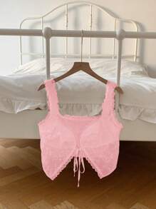 Comfortcana Pink Woven Ladies Tie Front Sweet Casual Summer Tank Top - Pink - View 5