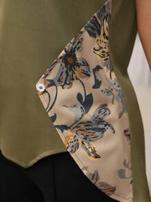 Mulvari 1pc V-Neck Patchwork Print Elegant Asymmetrical Hem T-Shirt For Middle-Aged & Elderly Women