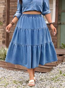 SHEIN LUNE Jupe en jean décontractée avec taille élastique et volants, grande taille grande, été - Jean bleu - Voir 5