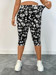 SHEIN Essnce 大码女士紧身裤，七分裤，3件套，夏季紧身裤，印花紧身裤，黑色紧身裤 - 彩色 - 查看 6