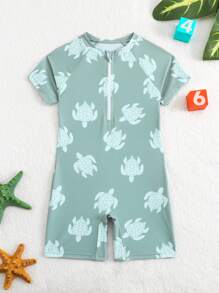 Young Boy Cartoon Turtle Print One-Piece Swimsuit, Summer Beach Vacation, Swimming Pool, Boys' Swimwear - Dark Green - View 3