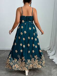 Elenzga Plus Size Women Floral Print Elegant Sleeveless Dress For Summer Vacation - Green - View 2