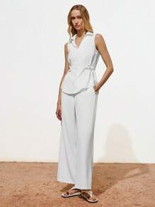 Lumivelle Bộ vest mới cho nữ/Trang trí dây đeo khóa kim loại không tay ve áo phong cách tối giản áo vest đen + quần vest đen bộ 2 món - trắng - Xem 3