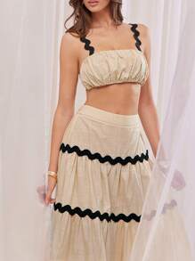 L'Amorae Summer Women Outfit, Beige Ruched Cami Top With Contrast Black Wavy Trims And Maxi Skirt - Apricot - View 5