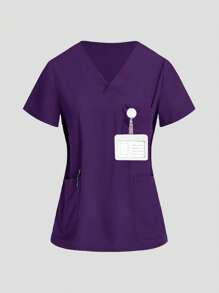 TaskEZ 制服套装：V 领短袖修身衬衫、抽绳直筒休闲裤、手术服套装 - 紫羅蘭色 - 查看 10