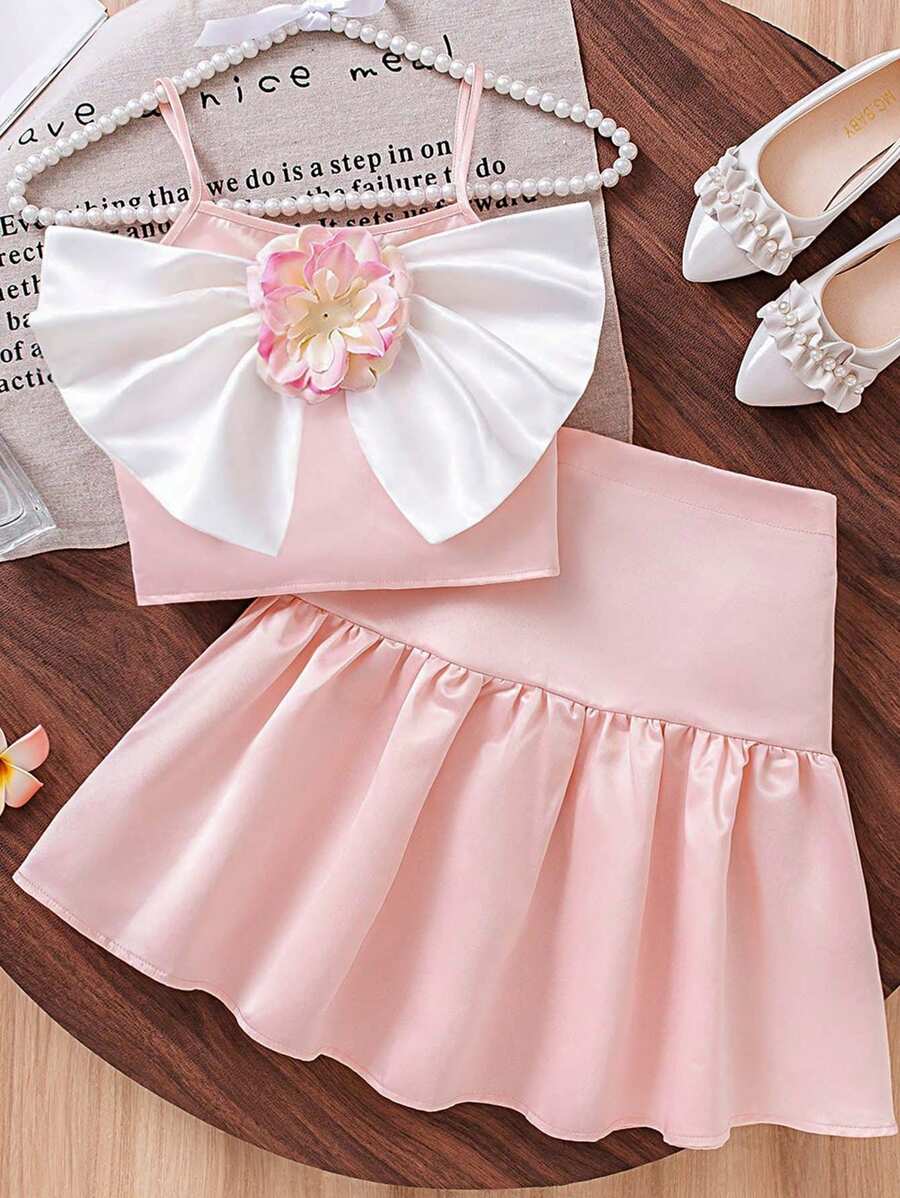 2 件套青少年女孩优雅套装：3D 花卉前背心衬衫和裙子