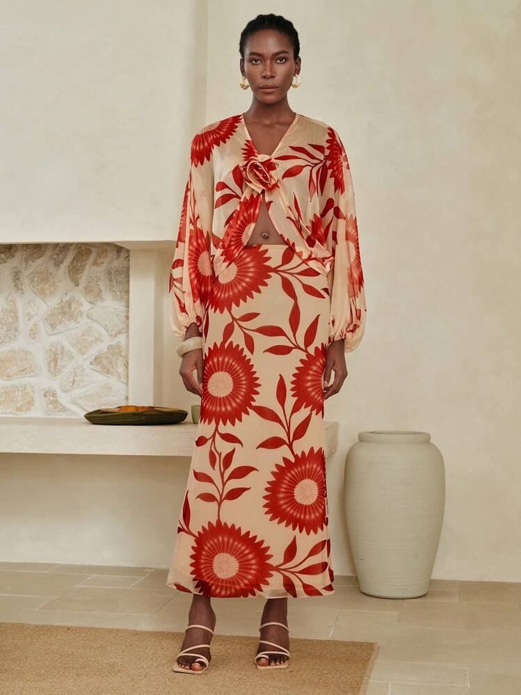 Arave Women Floral Print Chiffon Loose Two Pieces Set, Bat Wing Sleeves, Casual & Suitable For Holiday, 2pcs Women Chiffon Top & Vintage Floral Print Skirt Set, Bohemian Holiday Outfit Fall Women Clothes Fall Outfits Women Fall Autumn Clothes - Khaki - View 7