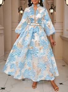 SHEIN Lady Váy dài tay đèn lồng họa tiết hoa jacquard dành cho nữ, trang trọng, thanh lịch, dự tiệc cưới, tiệc Four Seasons Old Money Festival - Màu xanh nhạt - Xem 5