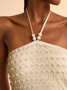 SHEIN x Eduarda Gutierrez CAJUNI 女士海滩春夏度假休闲挂脖珍珠装饰修身流苏迷你连衣裙 - 杏色 - 查看 8