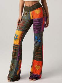 SHEIN ICON Women's Fashionable Retro Contrast Color Block Print Flare Pants - Multicolor - View 5
