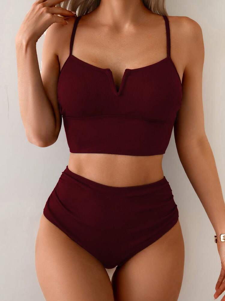 Swim SPRTY Women Summer Casual Vacation Textured Fabric High Waist Shorts Tummy Control Black Camisole & Bikini Swimsuit Set - Burgundy - View 3