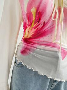 Soleia Plus Size Women Spring Vacation V-Neck Floral Print Net Fabric Bowknot Asymmetric Ruffle Hem Long Sleeve Blouse