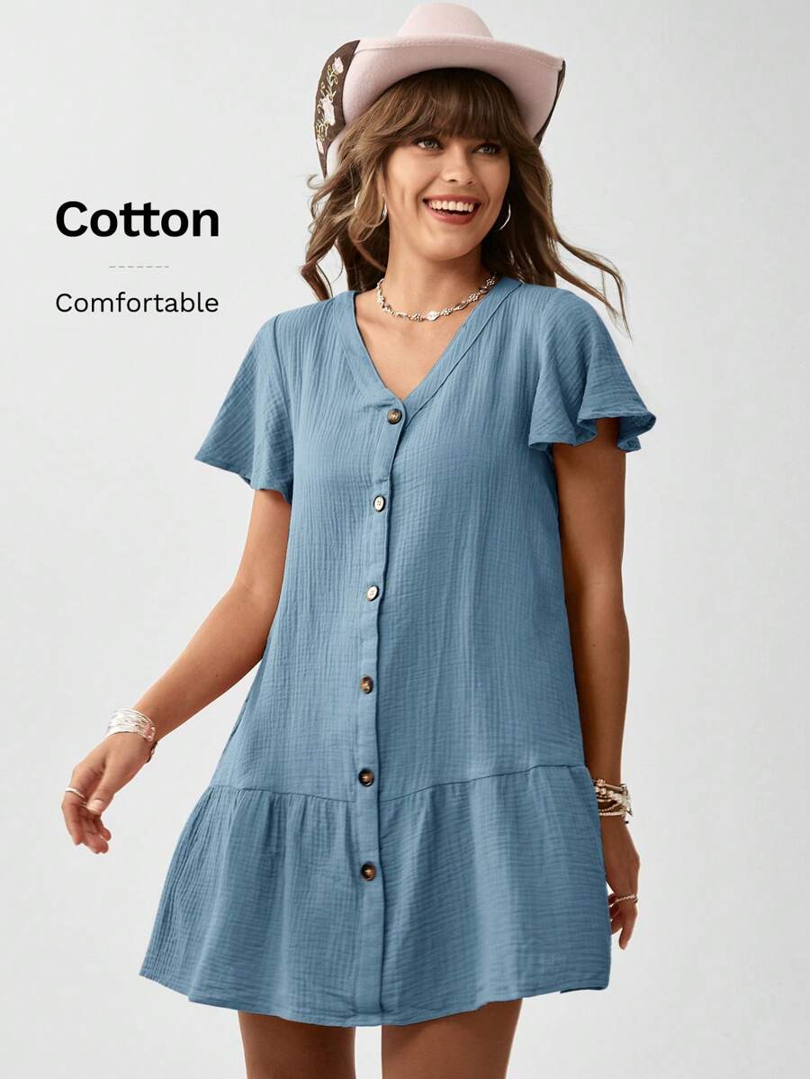 SHEIN LUNE Women Summer Button Decorated V-Neck Ruffle Short Sleeve Loose Fit Dress - Blue - View 1