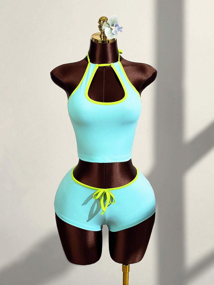 Amplova 夏季女装度假露背两件套日常穿搭海岛度假装 - 藍色 - 查看 1