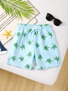 Young Boy Green Turtle Pattern Drawstring Beach Shorts Young Boys 2 Pieces Youth Boys Shorts Young Boys Casual Sets Young Boys Suit Set Beach Clothes For Boys - Blue - View 3
