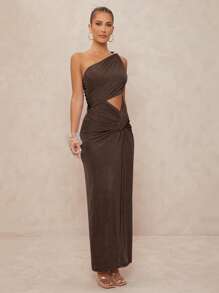 Lumalex 1pc Women's Metal Decor Ruched Twist Bodycon Extra Long Dress - Chocolate Brown - View 6