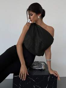 Firerie 女士情人节不对称露肩宽松金属涂层无袖衬衫，优雅浪漫，适合约会、派对、日常通勤 - 黑色 - 查看 4