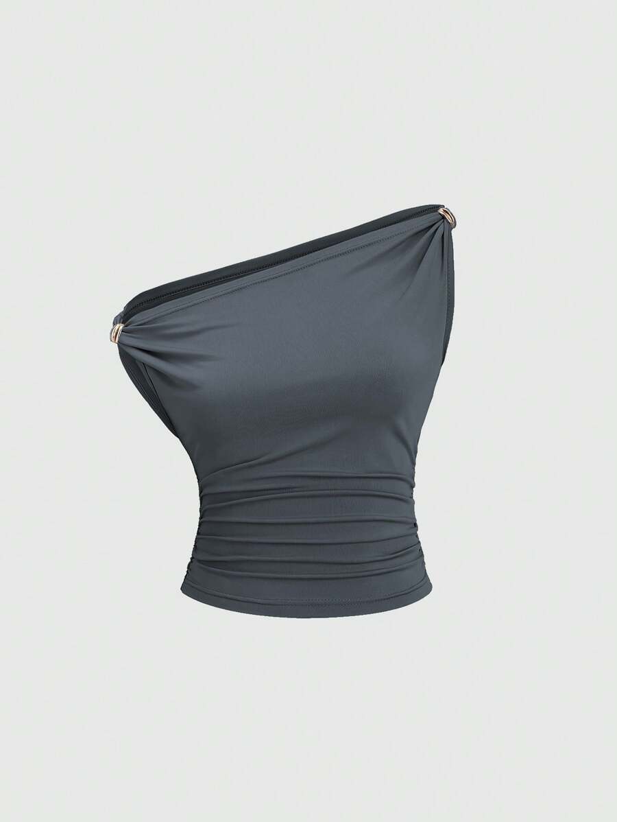 Sweetra Women's New Ruched Asymmetrical Shoulder Black Tee With Metallic Decor, Versatile For Commute And Casual Wear, Spring/Summer - Grey - View 1
