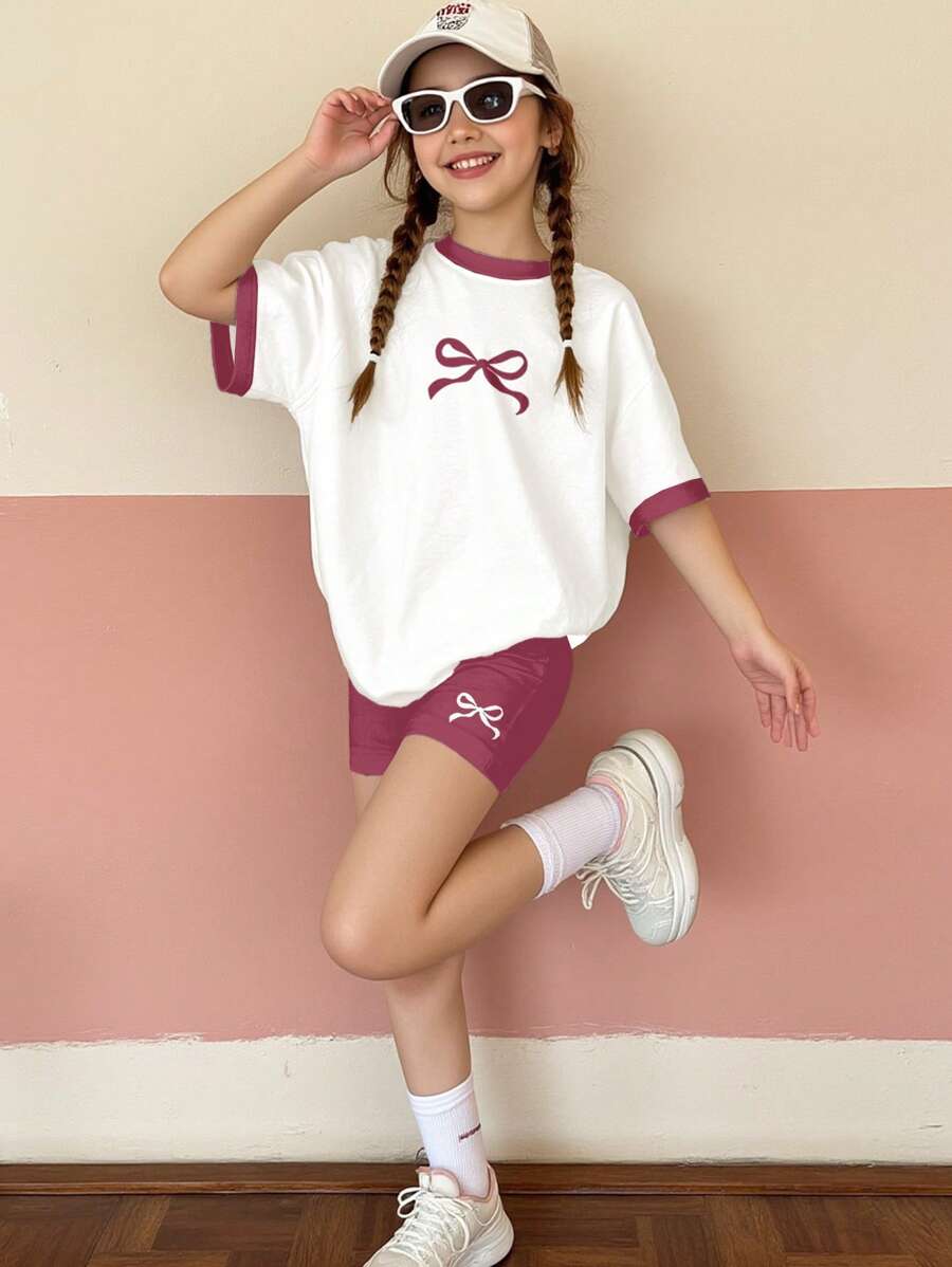 SHEIN Leap Crew 2 件套青少年女孩休闲简约短袖 T 恤和短裤套装,适合夏季 - 彩色 - 查看 1