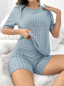 SHEIN Women's Solid Color Rib Knitted Loose Round Neck Short Sleeve Top & Shorts Casual Pajama Set Outfit - Blue - View 3