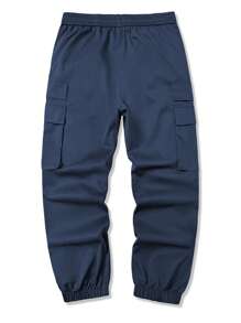 Manfinity Homme Men's Solid Color Drawstring Waist Cargo Pocket Casual Pants, Fall - Navy Blue - View 2
