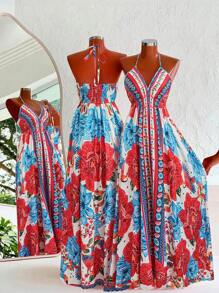 Flirla Vacation Floral Print Backless Halter Dress