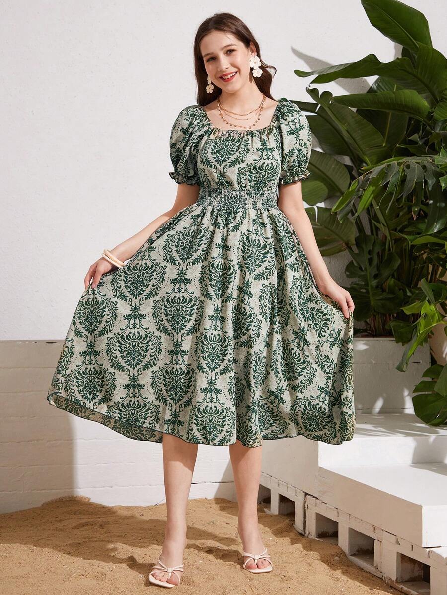SHEIN Teens Girls Print Pattern Square Neck Puff Sleeve Pleated Waist Fitted Short Dress, Suitable For Summer Outings And Vacations - Dark Green - View 1