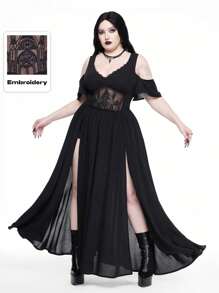 ROMWE Goth Váy hở vai cổ chữ V sâu thêu hoa phong cách Halloween cỡ lớn cho nữ - màu đen - Xem 1