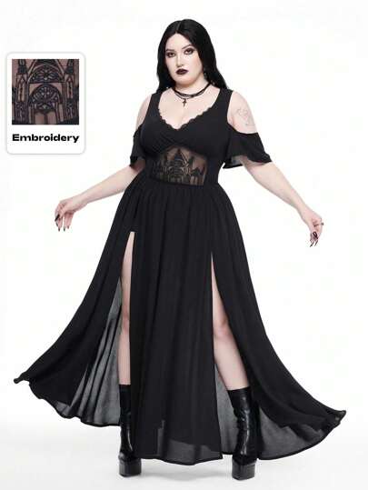 Plus Size Halloween Gothic Floral Embroidery Hollow Out Deep V-Neck Off Shoulder High Slit Dress For Women