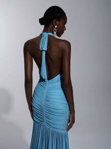 Elitara 优雅的绿松石蓝色领结垂坠式胸围荷叶边网眼鱼尾下摆连衣裙，适合约会、度假、婚礼活动、伴娘 - 水鴨藍 - 查看 3