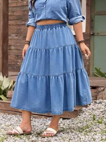 SHEIN LUNE Jupe en jean décontractée avec taille élastique et volants, grande taille grande, été - Jean bleu - Voir 3