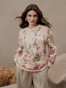 Anewsta Áo nỉ nữ thêu họa tiết hoa mỏng, áo dài tay thanh lịch và đa năng, tốt nghiệp, giáo viên, áo chui đầu trở lại trường mùa thu - Màu be - Xem 6